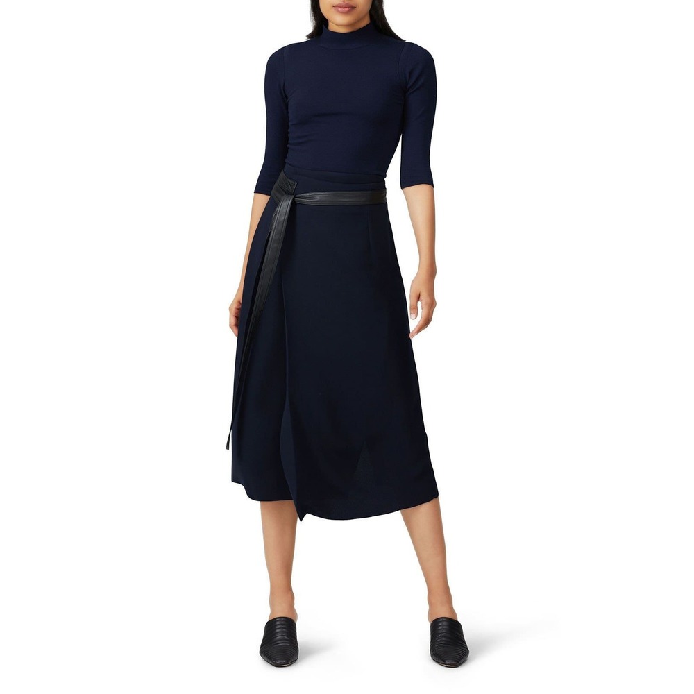 Vince Navy Blue Faux Leather Trim Tie Waist True Wrap Belted Midi Skirt US Sz 12